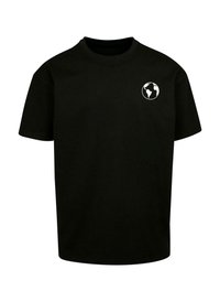 Sort bomulds t-shirt med rund hals og korte ærmer. Har et hvidt globusgrafik på venstre brystområde.