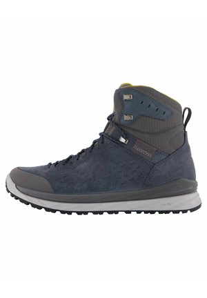 Dunkelblaue Wanderschuhe mit einer strukturierten Oberseite, grauen Akzenten und einer Gummisohle. Verfügt über Metallhaken und einen gepolsterten Kragen zur Unterstützung.