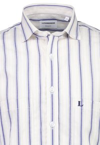 Camicia a righe bianche e azzurre con vestibilità regolare, collo button-down e una tasca sul petto con un piccolo logo "L" ricamato.