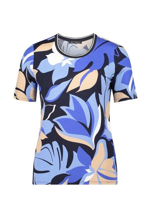 Chemise à manches courtes ornée d'un motif floral en bleu, crème et marine. Confectionnée en tissu doux, avec un col rond et une coupe décontractée.