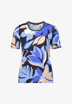 Chemise à manches courtes ornée d'un motif floral en bleu, crème et marine. Confectionnée en tissu doux, avec un col rond et une coupe décontractée.