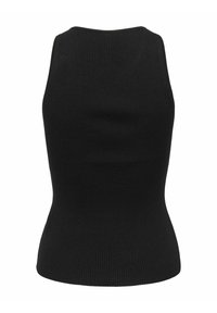 Haut noir sans manches en maille côtelée avec col haut et taille ajustée, conçu pour un port décontracté ou en superposition.