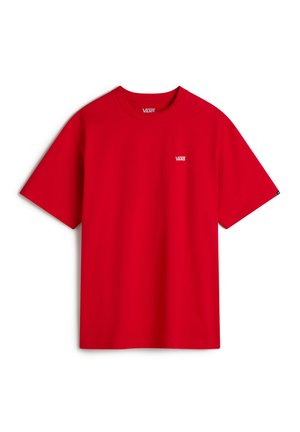 Rotes Baumwoll-T-Shirt mit kurzen Ärmeln, rundem Halsausschnitt und kleinem weißen "VANS"-Logo auf der Brust. Glatte Textur und schlichtes Design.