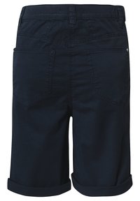 Námornické modré kraťasy vyrobené z tkané látky, s ohrnutými okraji, dvěma zadními kapsami s plochými švy a poutky na opasek.