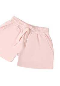 Pantalones cortos rosas de tela suave, con una cinturilla elástica y cordón, dos bolsillos laterales y un dobladillo recto.