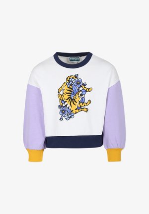 Langlijf gesneden sweatshirt in wit, lavendel en marineblauw, met een gele tijgerafbeelding omringd door blauwe bloemen en geribde manchetten.