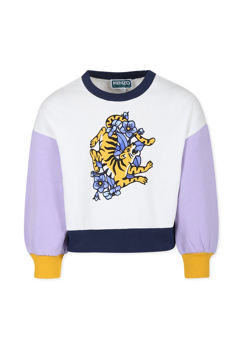 Sweatshirt court à manches longues en blanc, lavande et marine, avec un graphique de tigre jaune entouré de fleurs bleues et des poignets côtelés.