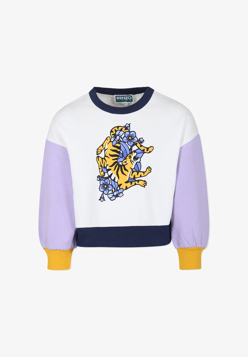 Sweatshirt court à manches longues en blanc, lavande et marine, avec un graphique de tigre jaune entouré de fleurs bleues et des poignets côtelés.