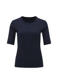 Marineblå kortærmet T-shirt lavet af blødt bomuld, med rund halsudskæring og ribbet tekstur uden yderligere mønstre eller accenter.