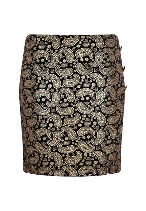 Crna suknja s zlatnimPaisley uzorkom i cvjetnim akcentima, oblikovana u uskom kroju s tri dugmeta sa strane.