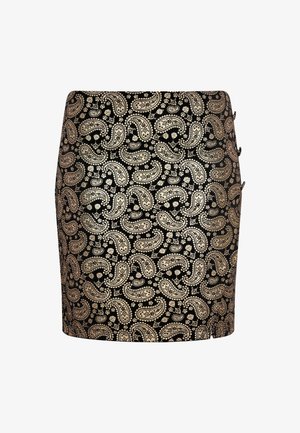 Mustriga must seelik, millel on kuldne paisley-muster lilleaktsentidega, sobitatud kitsaste vormidega ja kolme nööbiga külgedel.