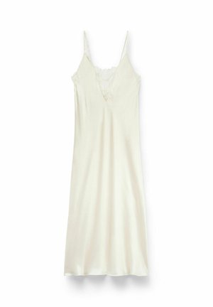 Satin slipdress in gebroken wit; heeft een delicate kanten afwerking bij de halslijn en dunne verstelbare bandjes, met een vloeiende, gladde textuur.
