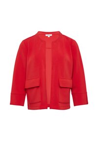 Rode, lichte jersey cardigan met een ronde halslijn, open voorkant en twee grote opgestikte zakken. Heeft driekwartmouwen en een gladde textuur.
