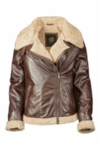 Veste en cuir marron avec un col et des poignets en shearling. Dotée d'une fermeture éclair asymétrique et de deux poches avant. Texture douce et doublure chaude.