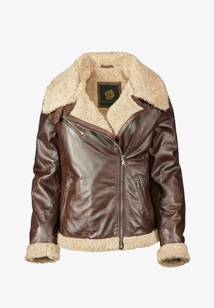 Veste en cuir marron avec un col et des poignets en shearling. Dotée d'une fermeture éclair asymétrique et de deux poches avant. Texture douce et doublure chaude.