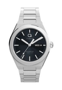 Montre en acier inoxydable argentée avec un boîtier rond, un cadran texturé noir, des index blancs et un affichage de la date indiquant "MER 14".