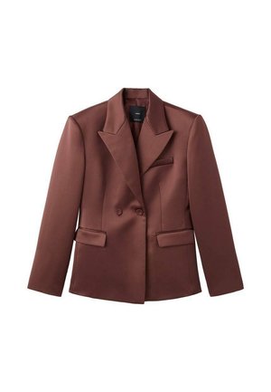 Brązowa dwurzędowa marynarka wykonana z gładkiego materiału, z klapami typu notch, dwoma przednimi kieszeniami oraz eleganckim dopasowanym krojem.