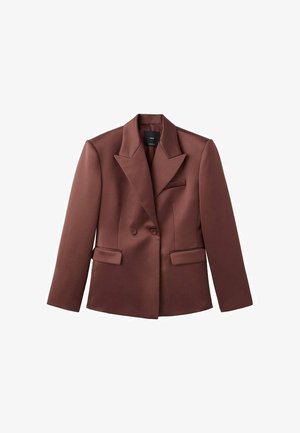 Brązowa dwurzędowa marynarka wykonana z gładkiego materiału, z klapami typu notch, dwoma przednimi kieszeniami oraz eleganckim dopasowanym krojem.