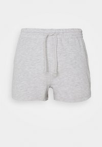 Šedé bavlněné kraťasy s měkkou texturou, vybavené elastickým pasem a šňůrkou na stažení. Design je jednoduchý, bez dalších vzorů nebo akcentů.