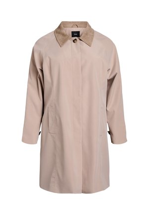 Beiger Trenchcoat mit Wildlederkragen, langen Ärmeln und Seitentaschen. Hergestellt aus glattem Stoff mit geradem Schnitt.