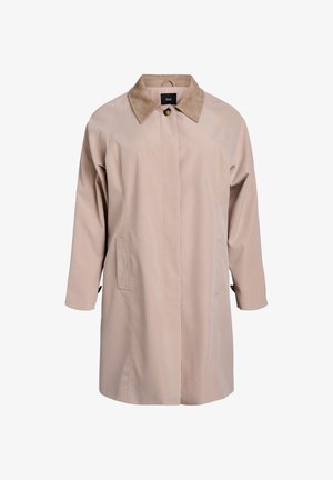 Smėlio spalvos tranšėjos paltas su zomšiniu apykakliu, ilgomis rankovėmis ir šoninėmis kišenėmis. Pagamintas iš lygaus audinio, tiesaus kirpimo dizaino.