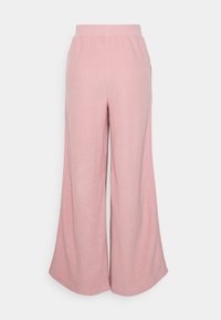 Pantalones de pierna ancha de color rosa claro, hechos de una tela suave, con una cinturilla elástica y bolsillos laterales. Textura suave sin patrones ni acentos.