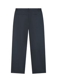 Zwarte, hooggeplaatste broeken met een relaxed fit. Voorzien van twee achterzakken en een elastische tailleband voor comfort. Glad stoftextuur.