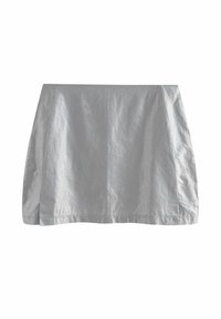 Hame mini harmaa, joka on valmistettu kevyestä kankaasta ja jossa on sileä tekstuuri. Hameessa on yksinkertainen muotoilu ja suora helma. Ei näkyviä kiinnityksiä tai koristeita.