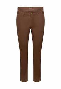 Pantaloni marroni slim-fit da uomo con chiusura a bottone e passanti per cintura, realizzati in tessuto liscio da Esprit.