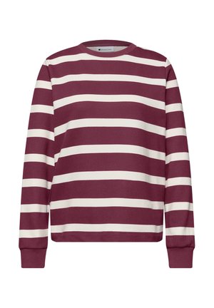 Sweat-shirt à manches longues, col rond, à larges rayures horizontales bordeaux et blanches, avec poignets côtelés et ourlet droit.