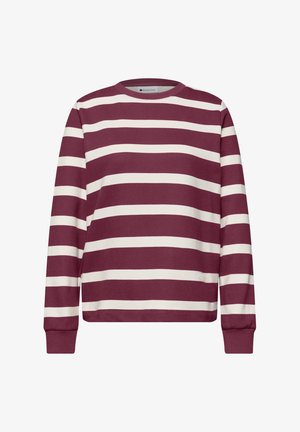 Bluza z długim rękawem i okrągłym dekoltem, z szerokimi poziomymi paskami w kolorach burgundowym i białym, ze ściągaczami na mankietach oraz prostym dołem.
