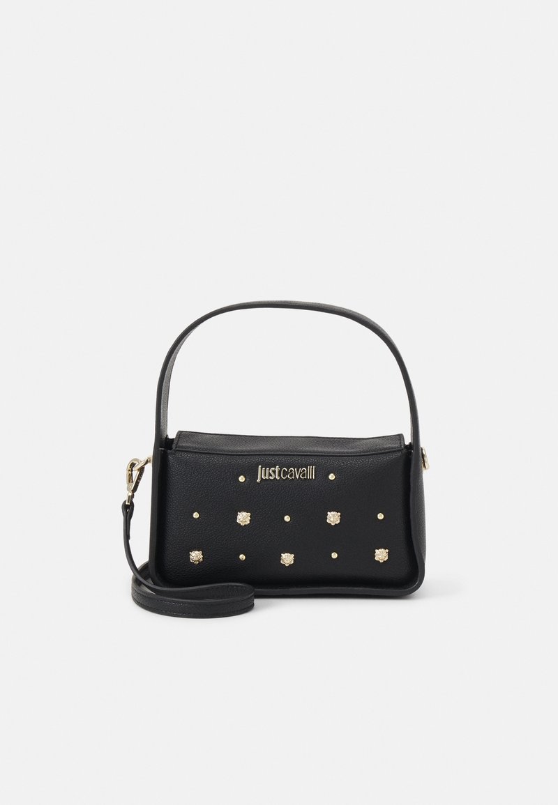 Sac à main noir Just Cavalli avec poignée courte et bandoulière longue détachable, décoré de petits clous dorés et du logo de la marque à l'avant.