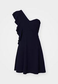 Vestido azul marinho de um ombro com detalhes em babados no corpete e saia em evasê. Feito de um tecido leve, com cintura justa.