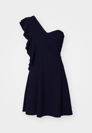 Navy blue one-shoulder dress with ruffle detail on the bodice and flared skirt. Made from a lightweight fabric, featuring a fitted waist.
