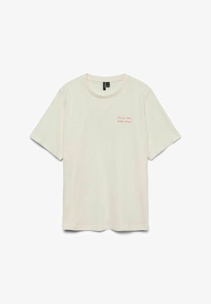 Off-white kortærmet bomulds-T-shirt med rund hals og lille rød tekst "London 1964 Baker Street" på venstre bryst.