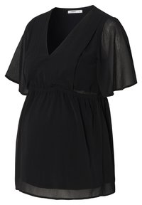 Zwarte zwangerschaps-top gemaakt van lichtgewicht, semi-doorzichtig materiaal. Heeft een V-hals, vloeiende mouwen en een elastische taille voor comfort.