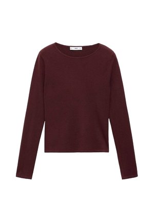 T-shirt à manches longues, bordeaux foncé, col rond, ourlet droit, sans motifs ni ornements visibles.