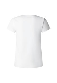 Lihtne valge lühikeste varrukatega T-särk, pildistatud tagantpoolt, sirge äärega ja siledast, ühtlasest kangast.