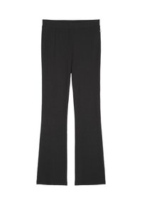 Black flared pants made from soft, stretchy fabric with an elastic waistband and minimal stitching detail along the sides.