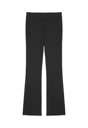 Black flared pants made from soft, stretchy fabric with an elastic waistband and minimal stitching detail along the sides.