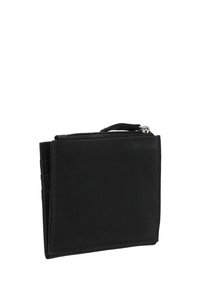 Schwarzes Lederportemonnaie mit strukturierter Oberfläche, ausgestattet mit einem Reißverschlussfach, mehreren Kartenfächern und einem gefalteten Design.