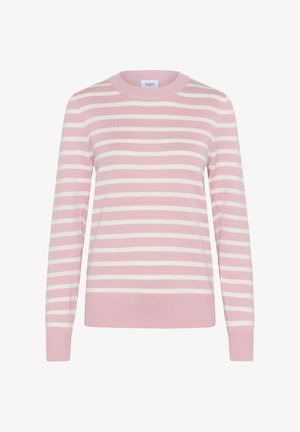 Šviesiai rožinis megztinis su baltomis horizontaliomis juostelėmis, apvalia iškirpte ir ilgomis rankovėmis. Pagamintas iš minkštos megztos medžiagos su raukiniais rankogaliuose ir apačioje.