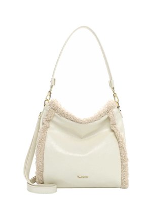 White handbag with a glossy finish, featuring a fluffy beige trim along the top, a single shoulder strap, and a gold logo detail.