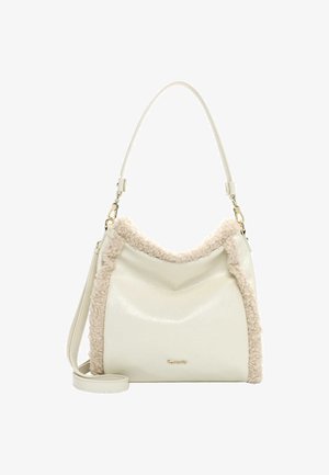 Borsa bianca con finitura lucida, caratterizzata da un bordo beige morbido lungo la parte superiore, una sola tracolla e un dettaglio con logo dorato.