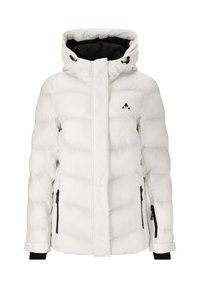 Weißer gepolsterter Mantel mit hohem Kragen, schwarzen Reißverschlusstaschen, verstellbarem Kapuze und dezentem Logo auf der Brust. Glatte Textur.