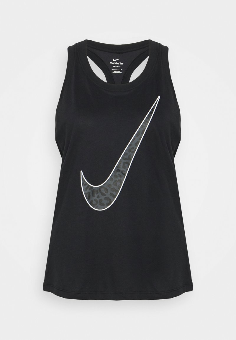 Débardeur Nike noir avec un grand Swoosh blanc avec un motif léopard à l'intérieur. Tissu doux, design sans manches, encolure ronde.