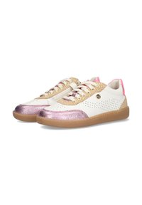White sneakers with gold and pink accents, metallic pink toe cap, perforated sides, and a textured gold upper. Features flat laces and a tan sole.