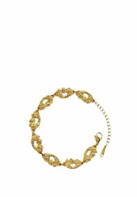Pulsera de oro con intrincados patrones florales cortados, diseño enlazado y un cierre ajustable con una extensión de cadena.