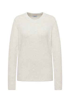 Maglione lavorato a maglia grigio chiaro con scollo rotondo, maniche lunghe e una consistenza morbida. Presenta polsini e orlo a costine, offrendo una vestibilità comoda.