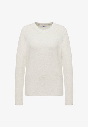 Lichtgrijze gebreide trui met een ronde hals, lange mouwen en een zachte textuur. Beschikt over geribde manchetten en een zoom, wat zorgt voor een ontspannen pasvorm.